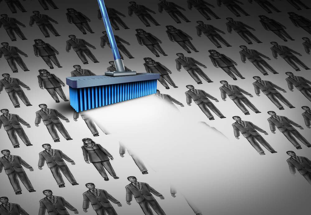 Illustration depicting a row of people being erased by a broom-like object