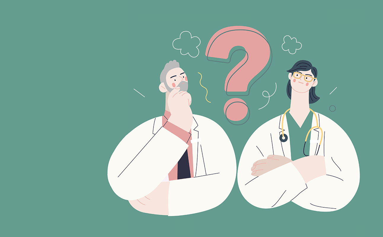 Vector illustration, two doctors, a question mark between them, green background