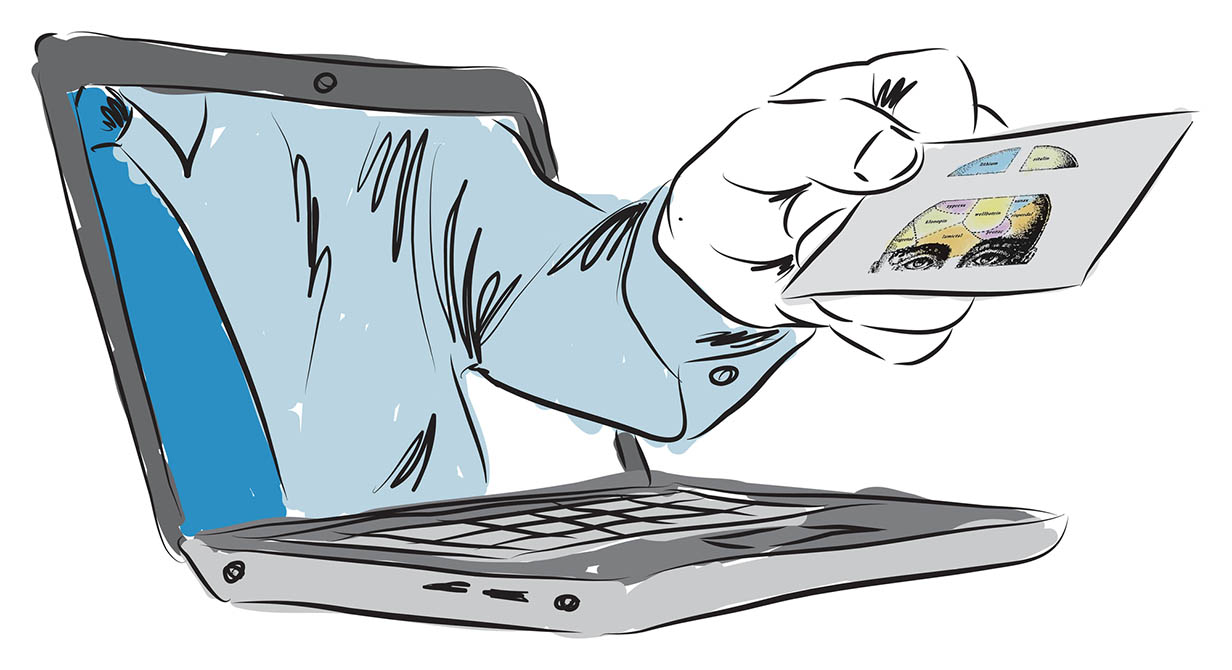 Illustration: A hand reaches out of a computer, holding a card with the MIA logo on it